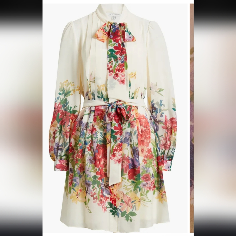 Julia Jordan, Floral Print Tie Neck Long Sleeve Dress